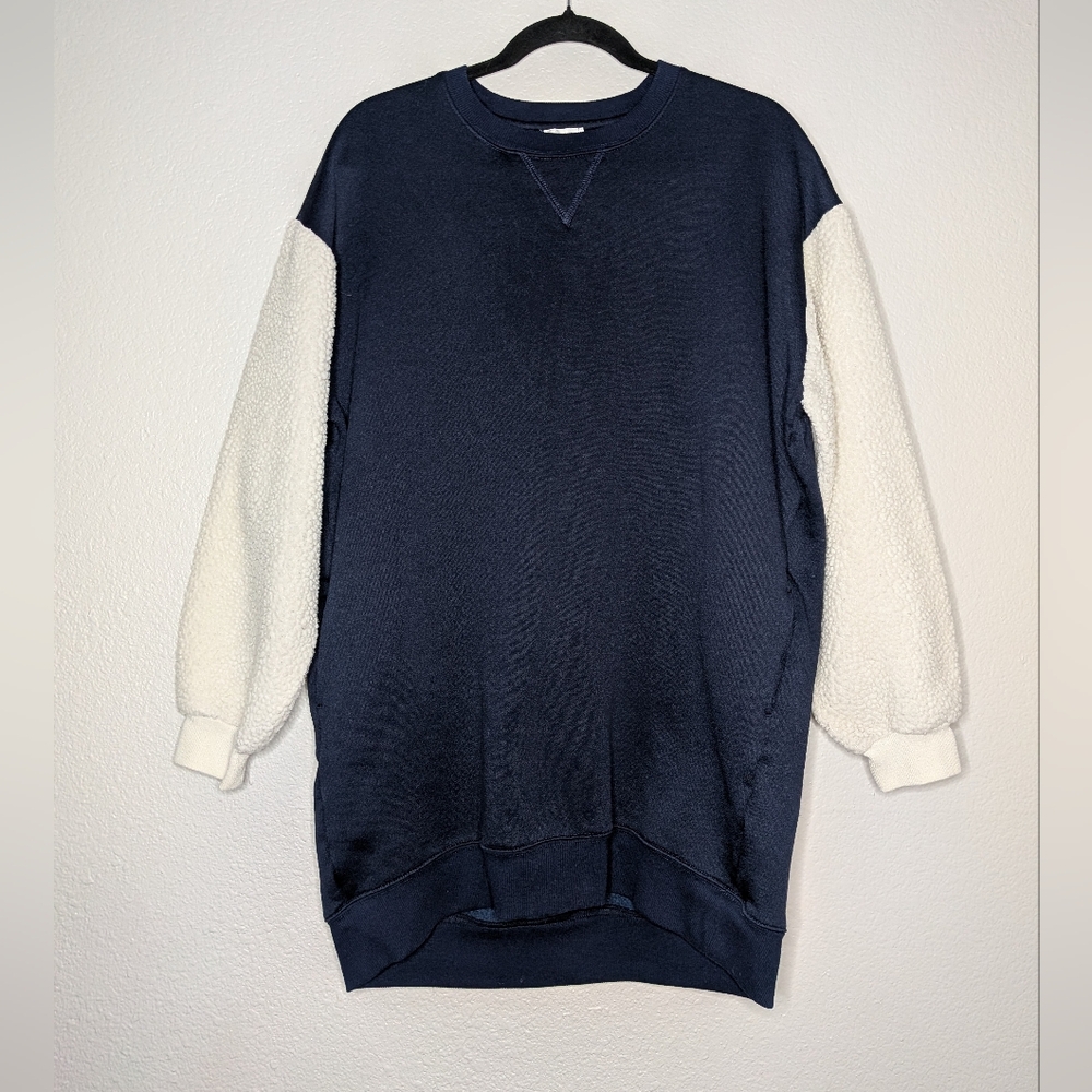 b+ab Womens Navy Blue Oversized Sherpa Sleeve Quiet Luxury Nautical Sweater XS